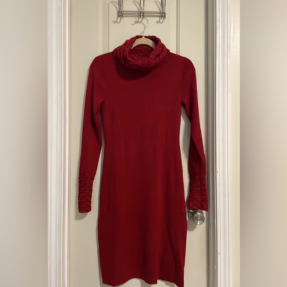 sweater dress with a cowl neck/textured knit detailing at the cuffs and neckline